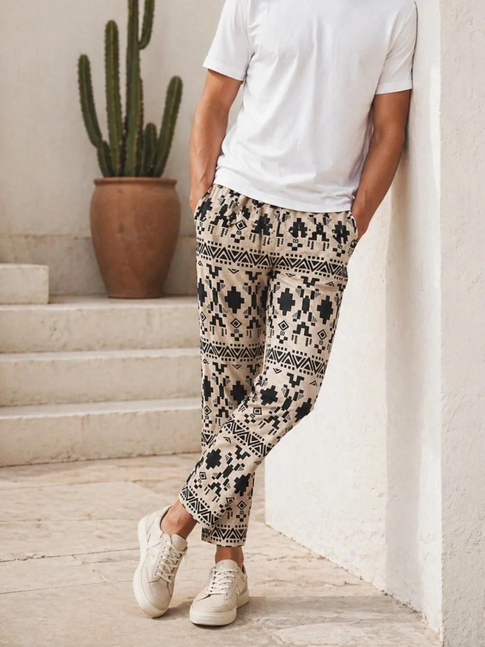 ZARA Tribal Print Linen Pants Men’s 32x31 Beige Black Boho Festival Summer
